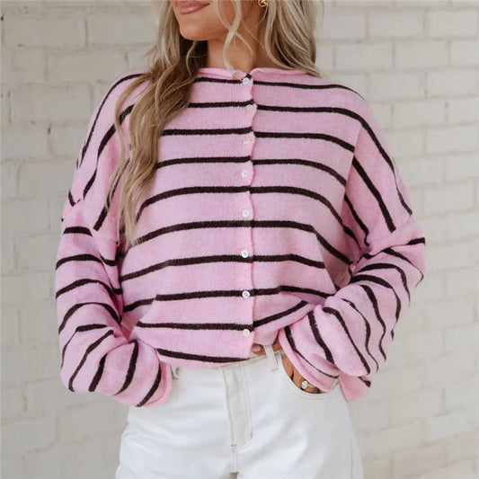 Pink Striped Button-Up Cardigan