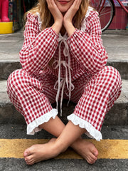 Red Plaid Long Sleeve Doll Collar Tie Up Top And  Wide Leg Pants Sets