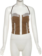 Brown Lace Corset And Puff Satin Mini Skirt Set