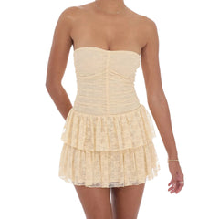 Lace Tube Ruffled A Line Mini Dress
