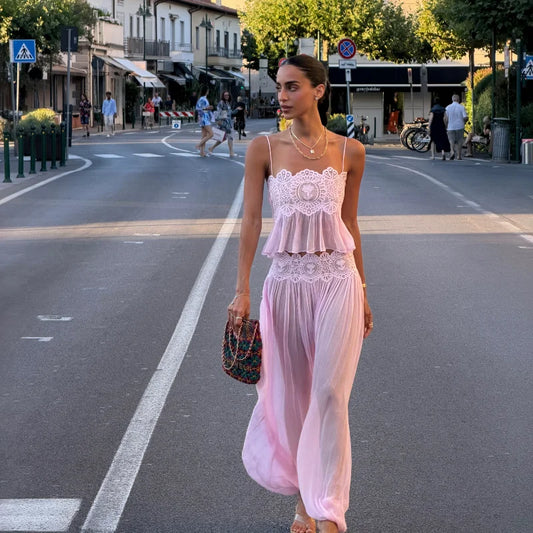 Lace Embroidered Square Neck Sheer Crop Top And Wide Pants Set