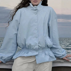 TARUXY 2026 Autumn Women's American Style Windbreaker Jacket Stand Collar Button Waist-Cinching Ruffle Slim Fashion Street Coat