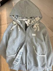 Lace Patchwork Bow Zip Hoodie