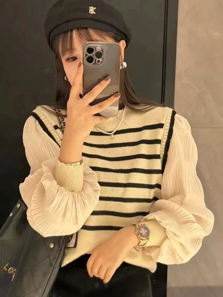 Black & White Striped Knit Patchwork Sleeve Pullover
