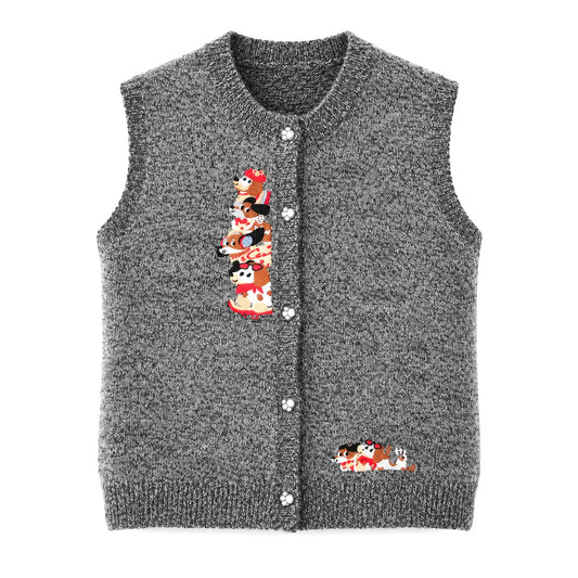 Knitted Embroidered Cartoon Button Up Vest