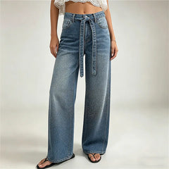 High Waist Rhinestone Wide Leg Jeans