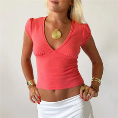 Puff Short Sleeve  V-Neck Top