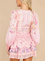 Pink Long Sleeve Floral Patchwork Tiered Mini Dress