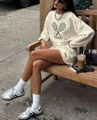 White Tennis Embroidery Sweatshirt And Shorts Set