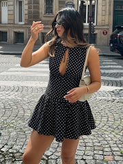 Black Polka Dot  Lace-up Cut Out Mini Dress