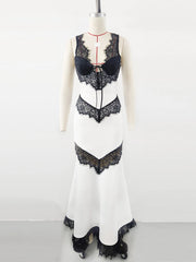 White Lace Patchwork Mermaid Hem Midi Dress