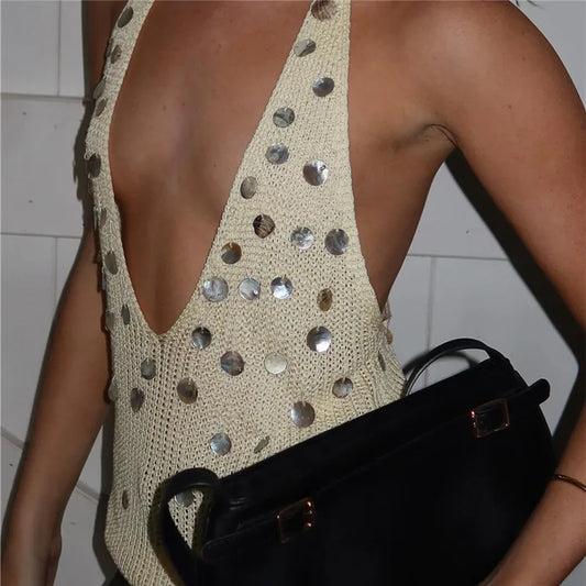 Knit Sequin Halter Deep V-Neck Top