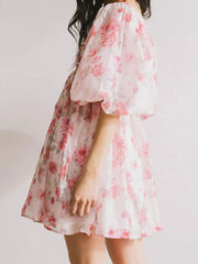 Floral Print Short Puff Sleeve Mesh Layered Babydoll Short Dress