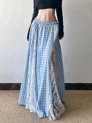 Blue Lace Patchwork Plaid Long Skirt