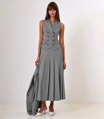 Buttoned Vest And Pleated Midi Skirt Two Piece Set Free From Label