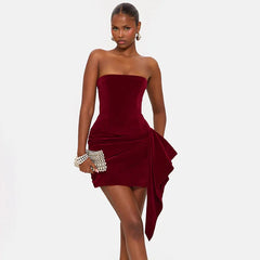 Velvet Strapless Ribbon Pleated Mini Dress