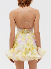 Colorblock Floral Cross Strap Mini Dress