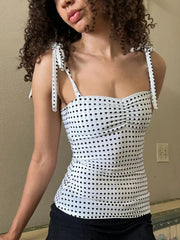 White Polka Dot Lace Up Top
