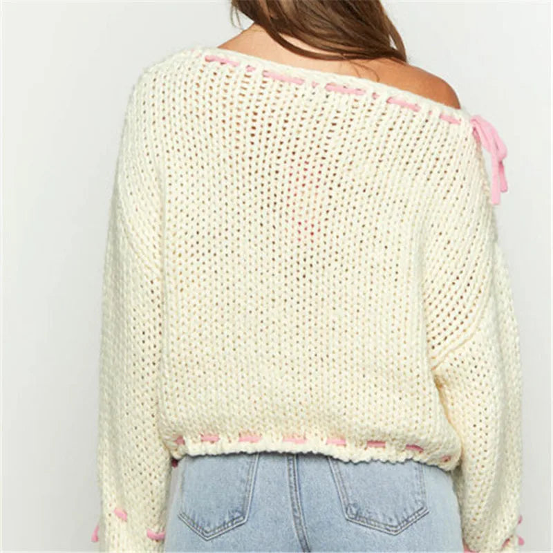 White Pink Ribbion Trim Sweater