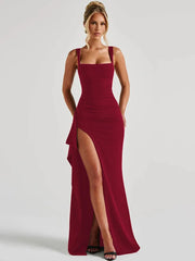 Square Neck Strap Thigh High Split Draped Long Dress