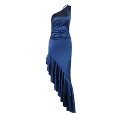 Women's satin long dress with one shoulder design, ruffle details, and asymmetrical hem.