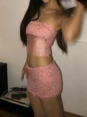 Pink Ruched Tube Top And Mini Skirt Set