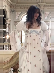 White Floral Square Neck Long Puff Sleeve Maxi Dress