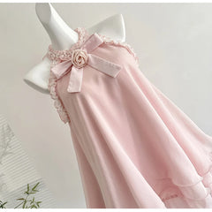Pink Sleeveless Tank Lace Trim Bow Mini Dress