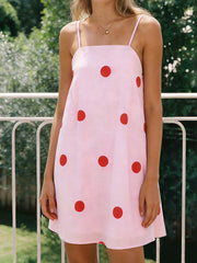 Pink Dot Print Mini Spaghetti Strap Dress