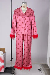 Polka Dot Satin Feather Cuff Shirt And Long Trousers Set
