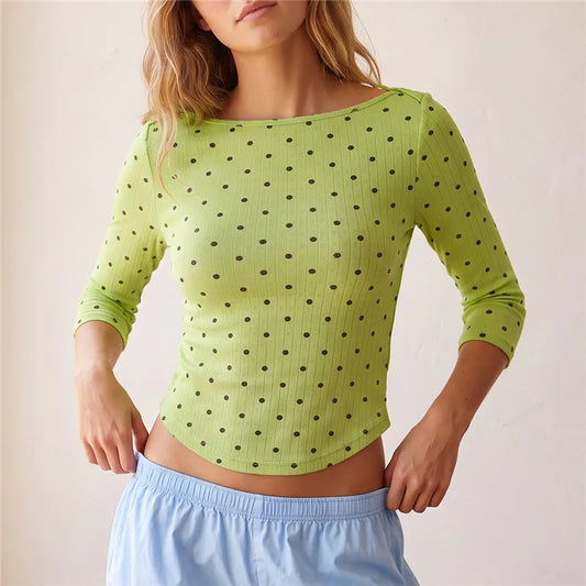 Polka Dot Ribbed Cropped Boat Neck T-Shirt