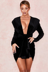 Black Velvet Deep Neck Long Sleeve Mini Dress