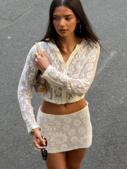 White Lace Sheer Shirt And Mini Skirt Set