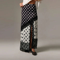 High Waist Satin Dot Print Lace Trim Patchwork Maxi Skirt
