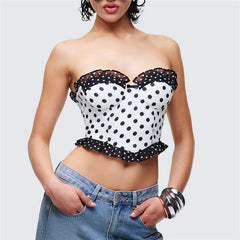 White Polka Dot Strapless Ruffle Edge Corset Crop Top