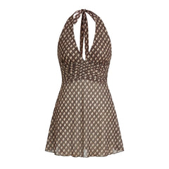 Polka Dot Mesh Halter Tie Up V-Neck Mini Dress