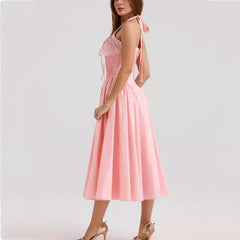 Drawstring Chest Pleated Low Waist A-lined Pink Midi Dress