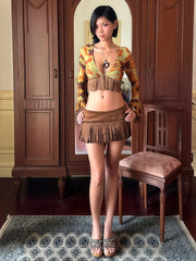 Long Sleeve Crop Top And Tassel Patchwork Mini Skirt Set