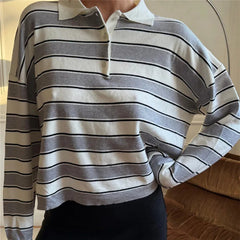 Grey Stripe Lapel Collar Long Sleeve Knit Top