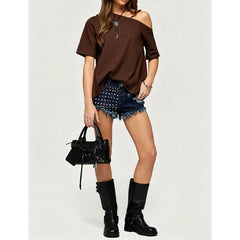 Off Shoulder Short Sleeve Distressed Tee