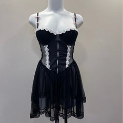 Mesh Tiered Dotted Lace Trim Mesh Night Dress