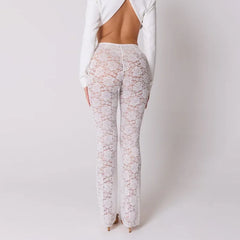 High Waisted See Through Lace Flared Ankle Length Pants