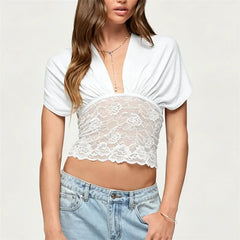 Draped Deep V-Neck Lace Patchwork Back Tie Up Top