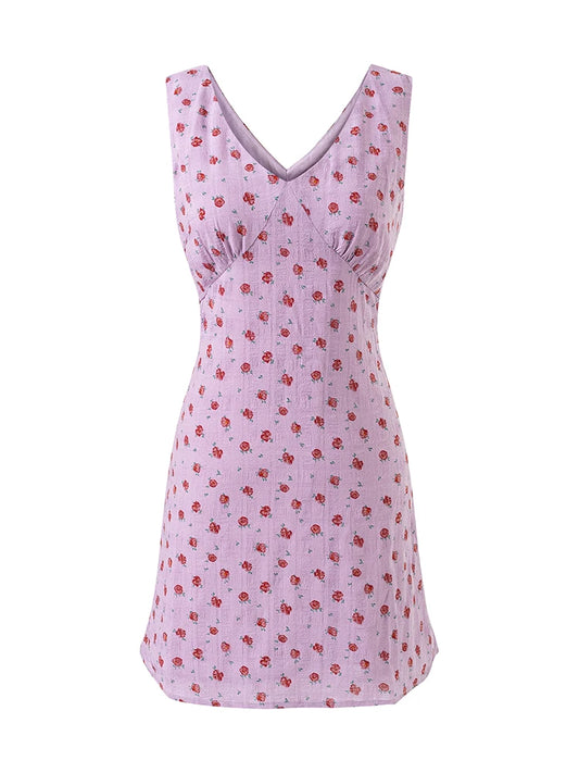 Purple Floral Print V-neck Mini Dress