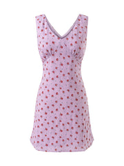 Purple Floral Print V-neck Mini Dress