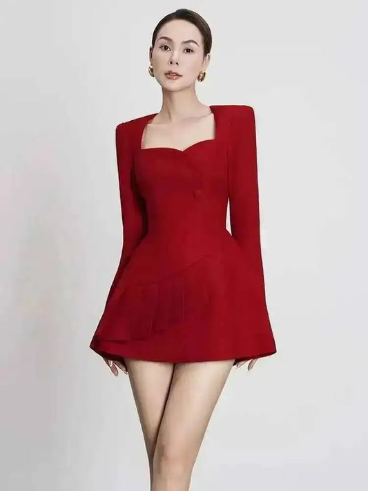 Red Square Collar Pleated Button Mini Dress