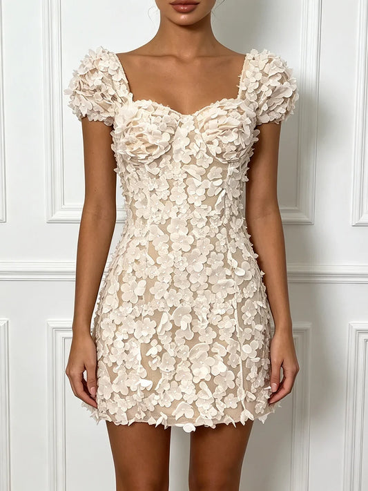 3D Flower Beaded Square Collar Short Sleeve Mini Dress