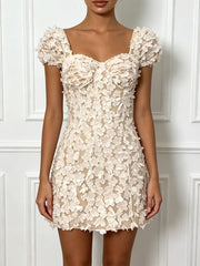 3D Flower Beaded Square Collar Short Sleeve Mini Dress