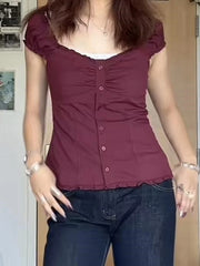 Ruffle Hem Short Sleeve Button Up Top