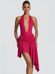 Deep V-Neck Halter Twisted Pleated Waist Irregular Hem Mini Dress